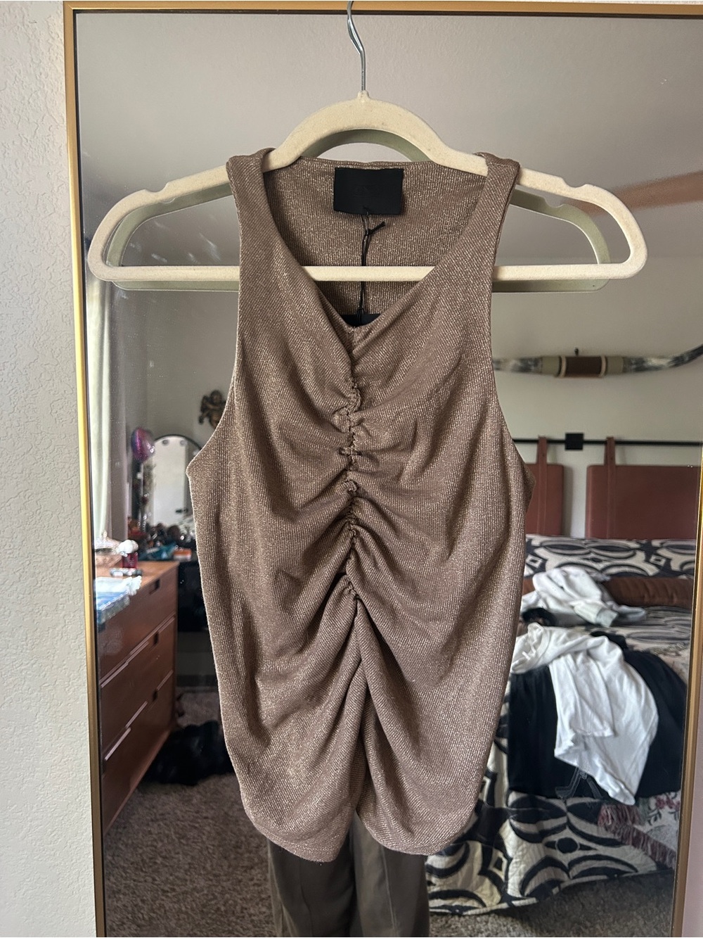 NWT ONA Isabel Shimmery gold Ruched Tank Top